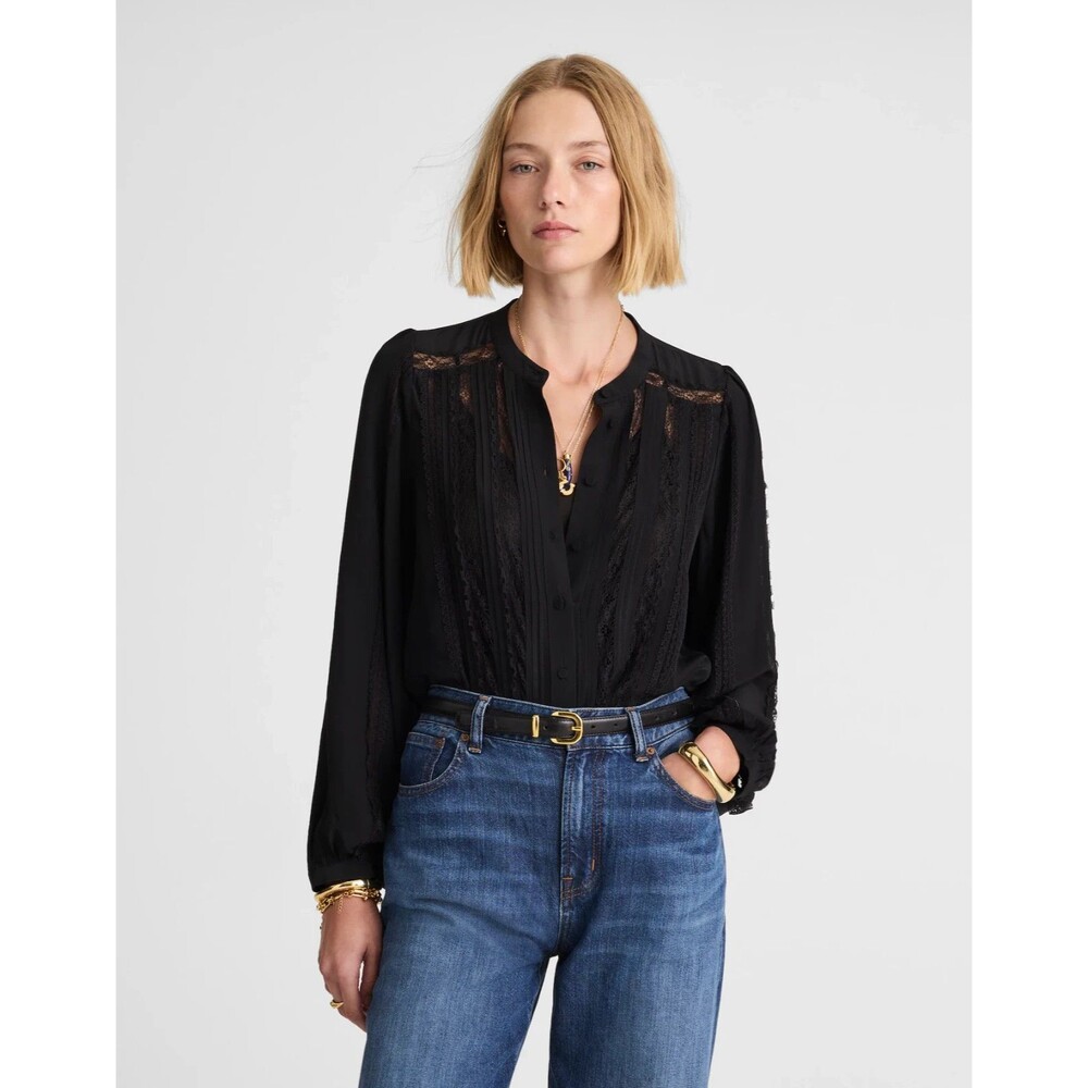 Madewell Small Lace Insert Button-Up Long Sleeve Top True Black Pintuck NWT